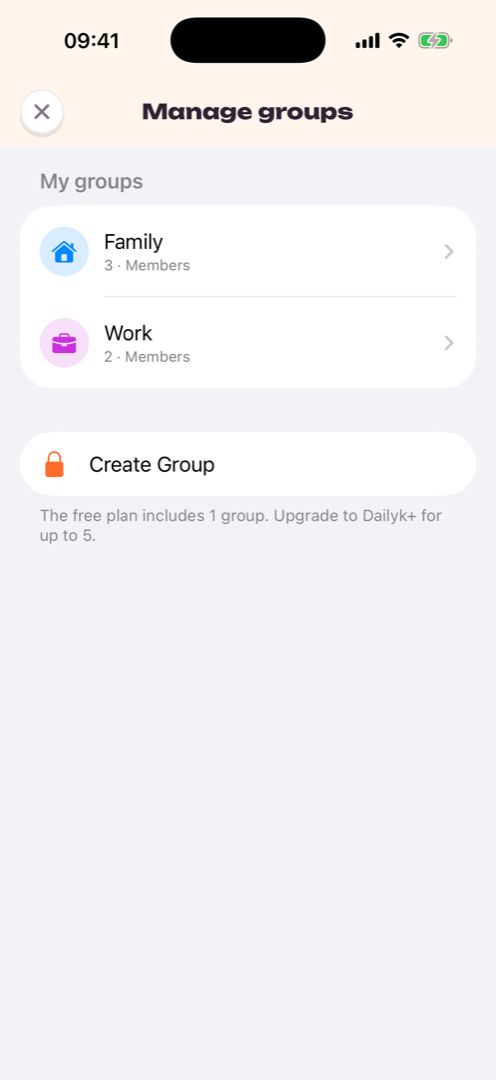 Dailyk shared groups screen