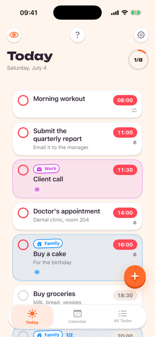 Dailyk Today screen with tasks, deadlines and a progress ring